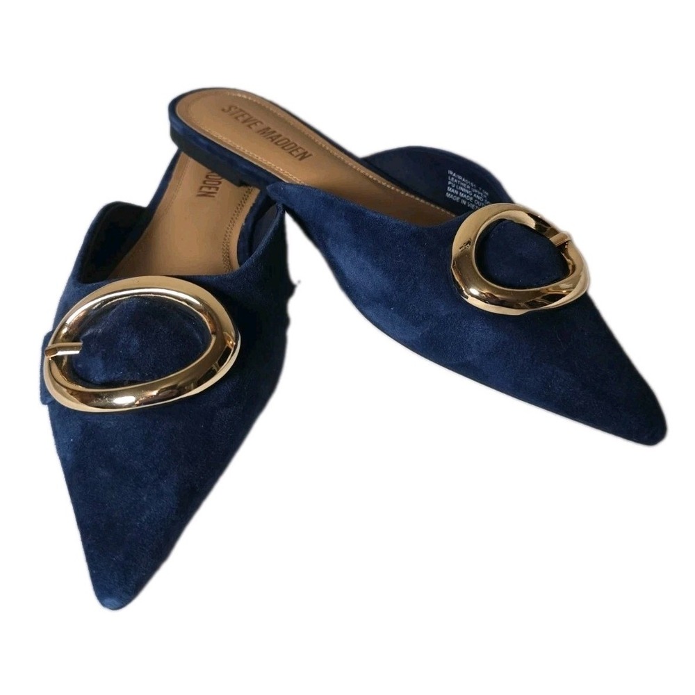 Steve Madden Ira Navy Suede Pointed Toe Buckle Mule Flats Women's Size 7.5 NEW